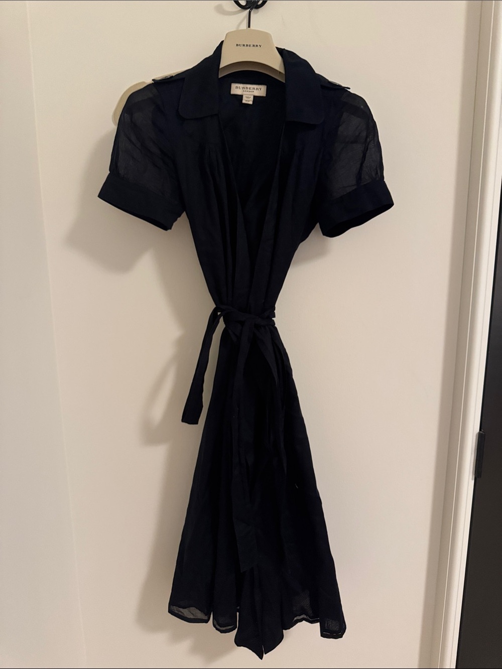 Burberry Navy Sheer-Sleeve Wrap Midi Dress